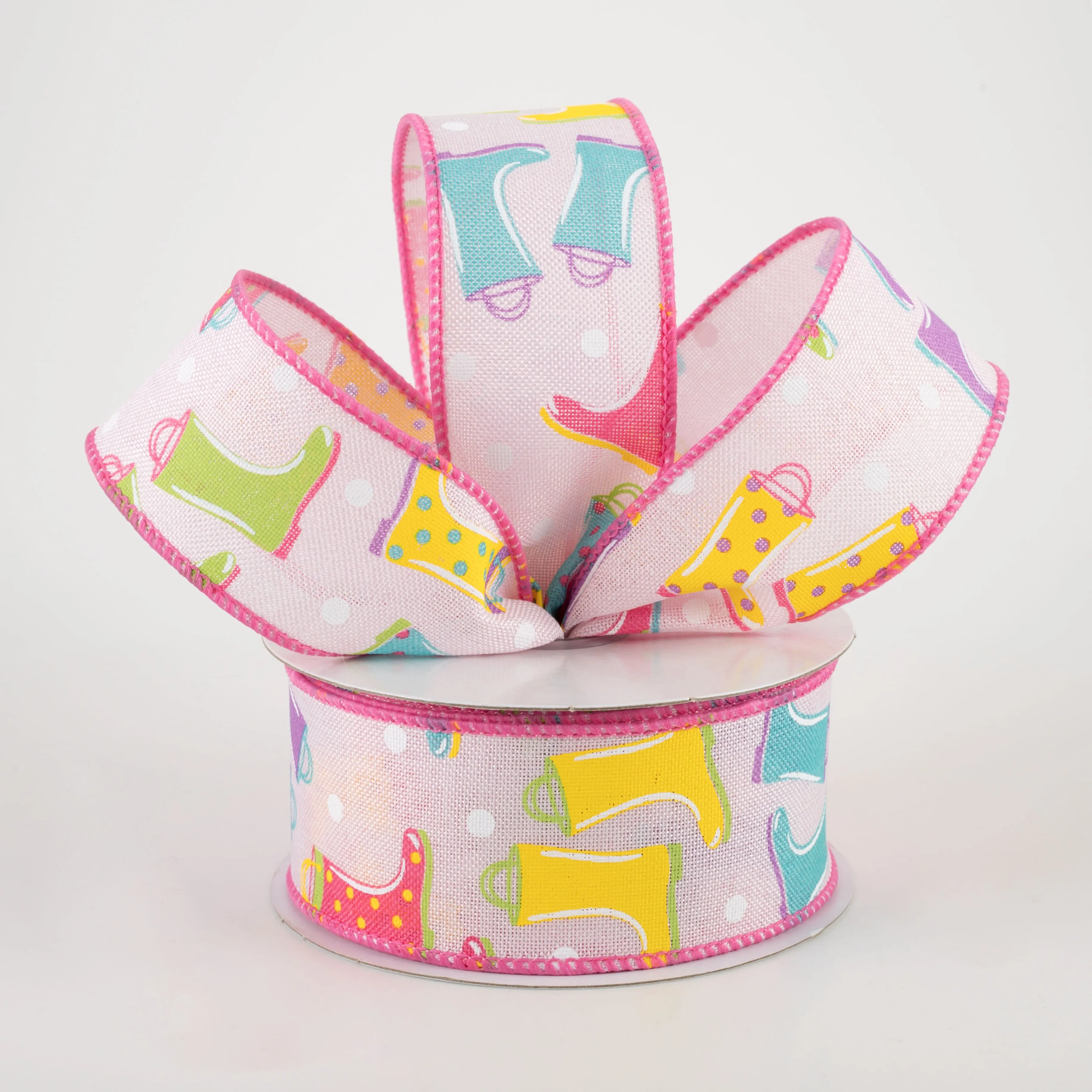 1.5" Rain Boots Polka Dot Ribbon: Light Pink (10 Yards)