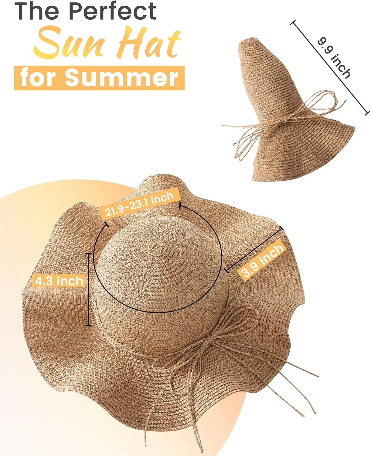 Beach Hats for Women - Wide Brim Sun Hats for Women, Foldable Straw Womens Sun Hat with Strap, Womens Floppy Sun Hat UPF50