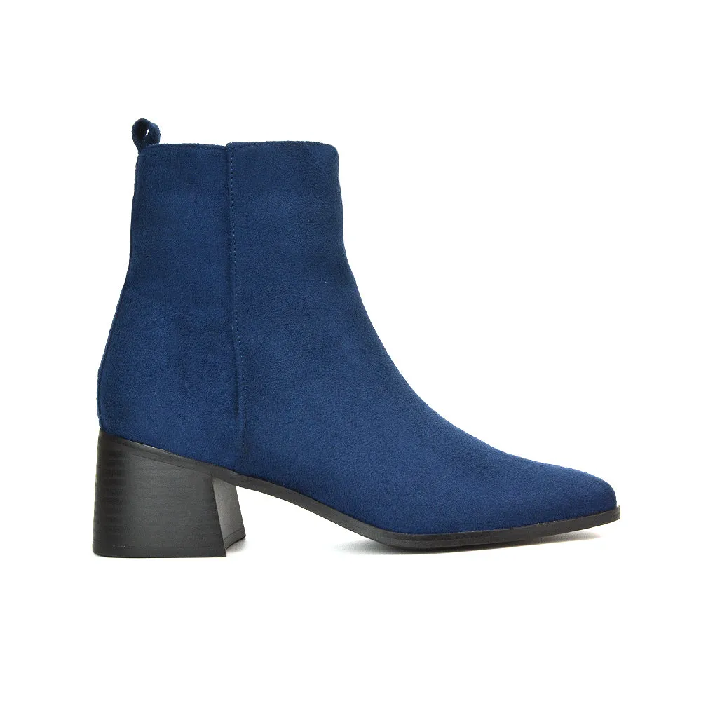 Cece Low Block Heel Square Toe Chelsea Ankle Boots in Black Faux Suede