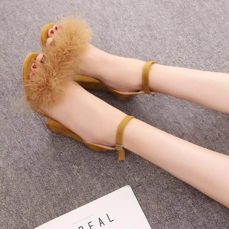 Chicvane Suede Buckle Closure Chunky Heel Sandals with Fur Decorate