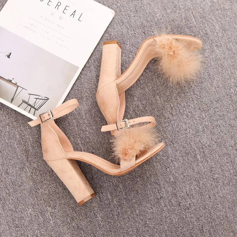 Chicvane Suede Buckle Closure Chunky Heel Sandals with Fur Decorate