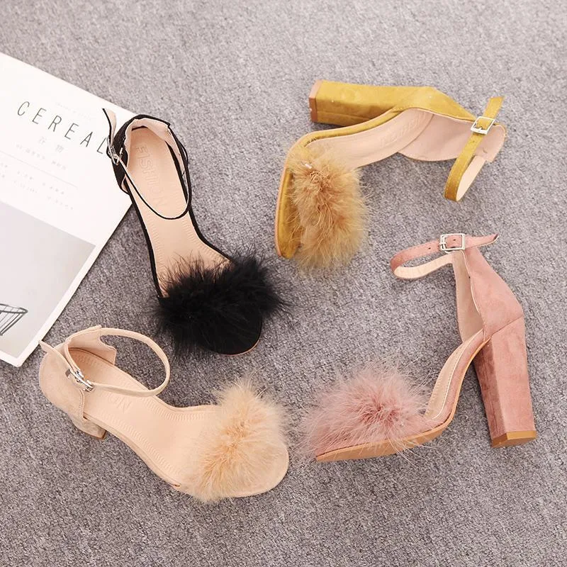 Chicvane Suede Buckle Closure Chunky Heel Sandals with Fur Decorate