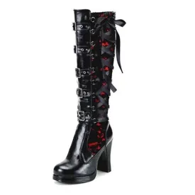 Fashion Chunky Rivet Long Black Platform Boots For Women