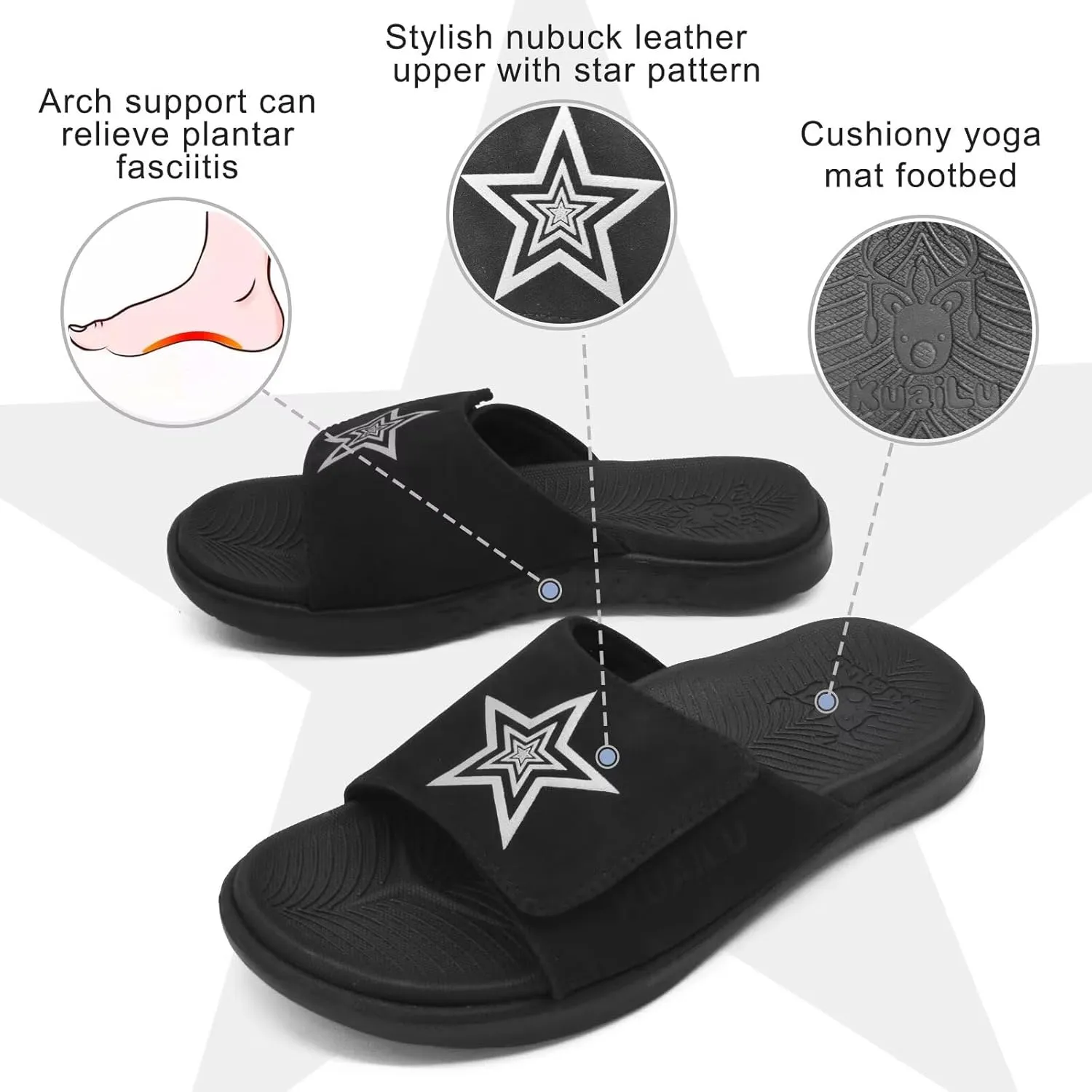 KuaiLu Mens Slides Soft Cushion Sport Sandals with Plantar Fasciitis Arch Support Adjustable Open Toe Summer Slippers Slip on Indoor Outdoor Size 7-15