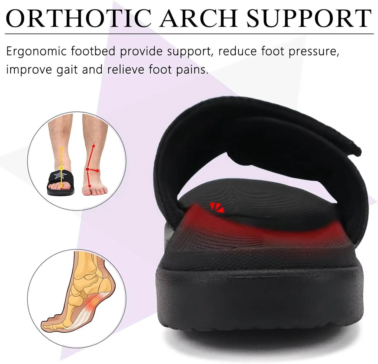KuaiLu Mens Slides Soft Cushion Sport Sandals with Plantar Fasciitis Arch Support Adjustable Open Toe Summer Slippers Slip on Indoor Outdoor Size 7-15