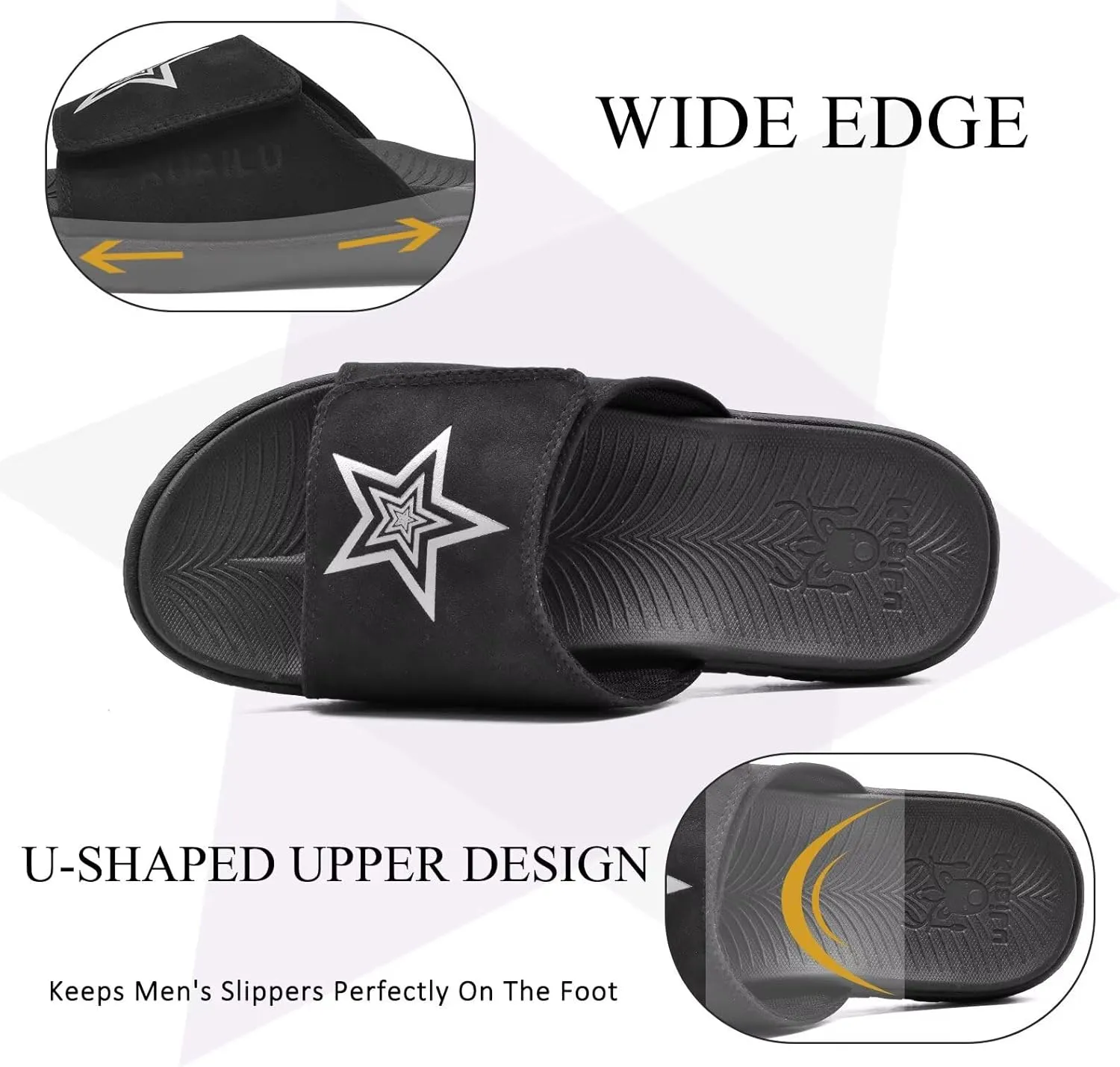 KuaiLu Mens Slides Soft Cushion Sport Sandals with Plantar Fasciitis Arch Support Adjustable Open Toe Summer Slippers Slip on Indoor Outdoor Size 7-15