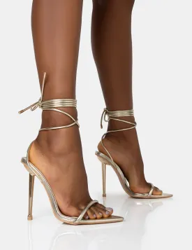 Look Back Wide Fit Gold Metallic Pointed Toe Lace Up Stiletto Heels