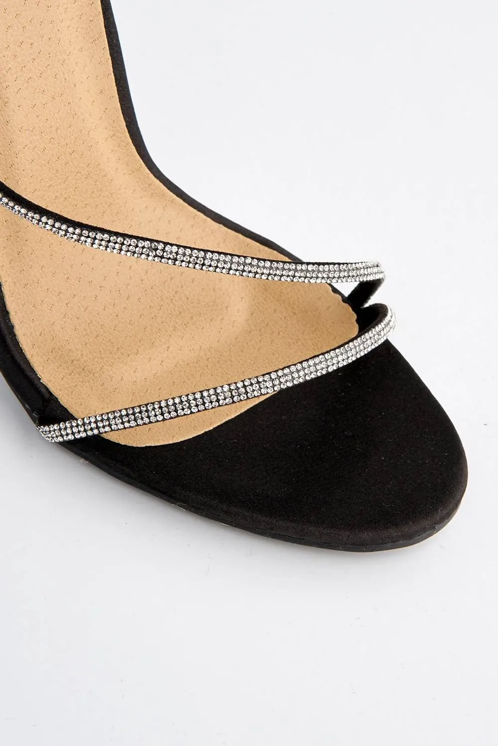 Melilla Diamante Straps Anklestrap Heeled Sandal in Black Satin