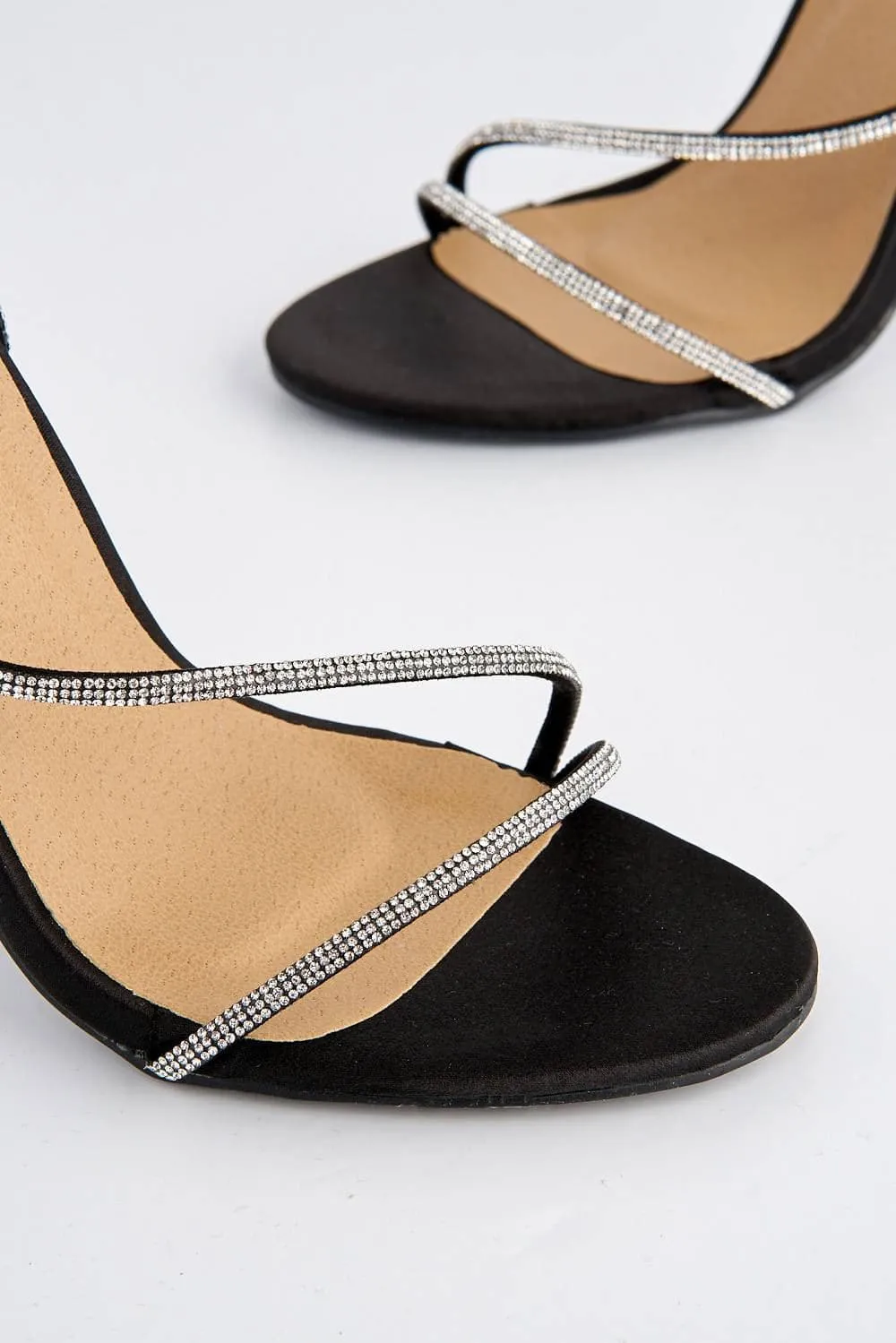 Melilla Diamante Straps Anklestrap Heeled Sandal in Black Satin