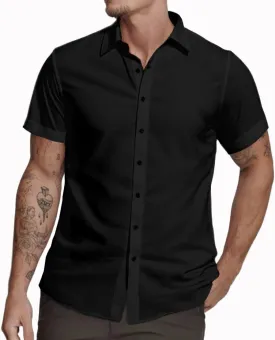 Mens Short Sleeve Dress Shirts Stretch Casual Button Down Shirts Solid Regular Fit Formal Shirt