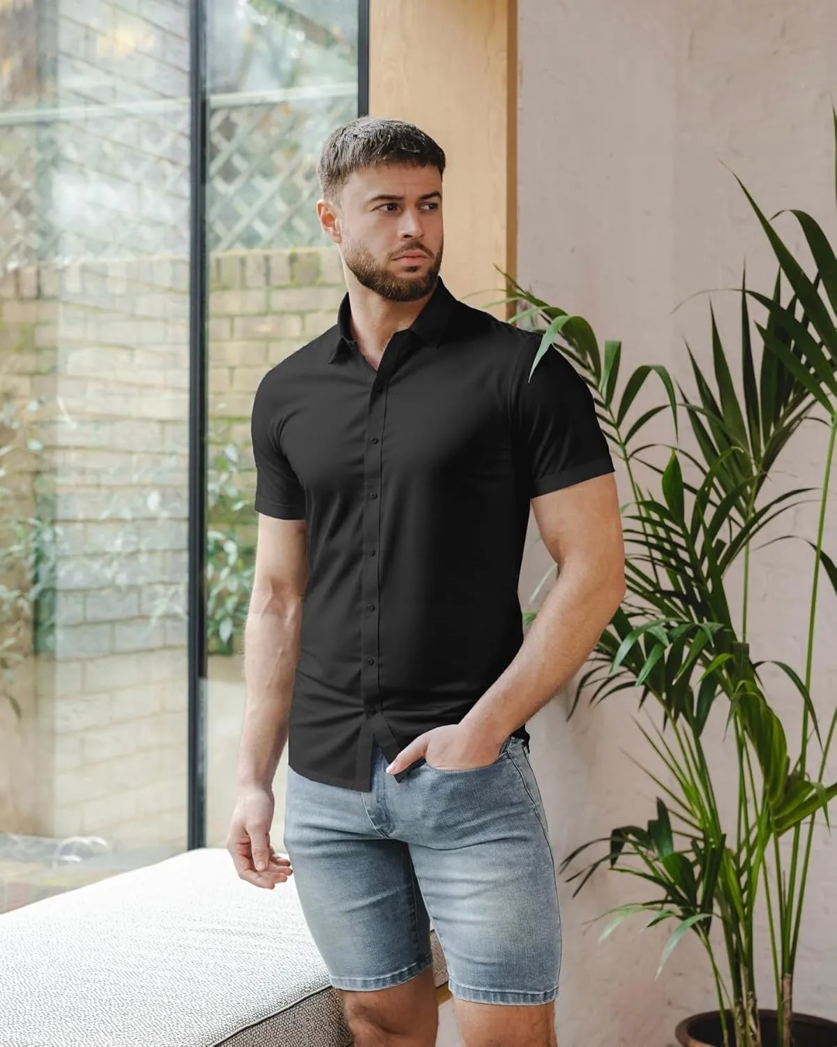 Mens Short Sleeve Dress Shirts Stretch Casual Button Down Shirts Solid Regular Fit Formal Shirt