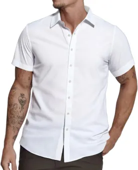 Mens Short Sleeve Dress Shirts Stretch Casual Button Down Shirts Solid Regular Fit Formal Shirt