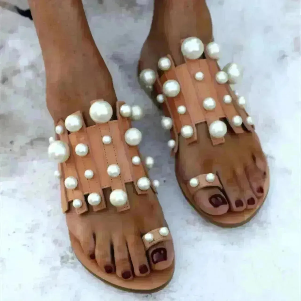 Summer Outdoor Ladies Flat Toe Pearl Beach Slippers