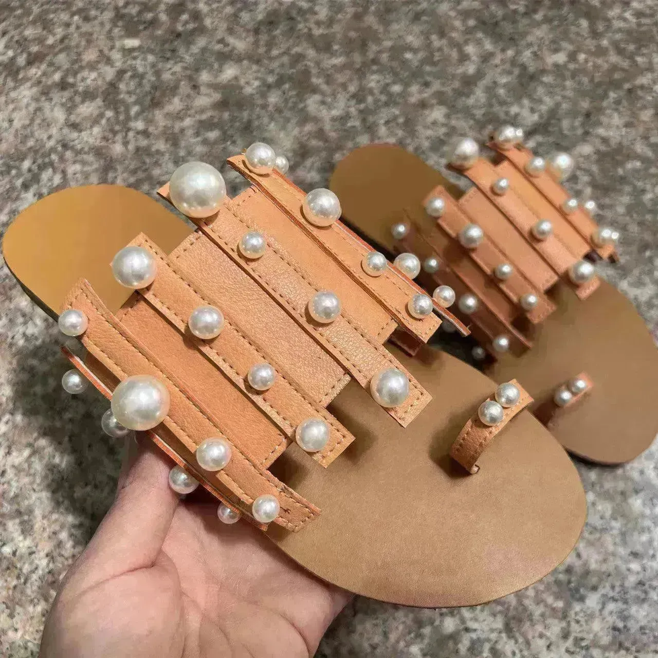 Summer Outdoor Ladies Flat Toe Pearl Beach Slippers