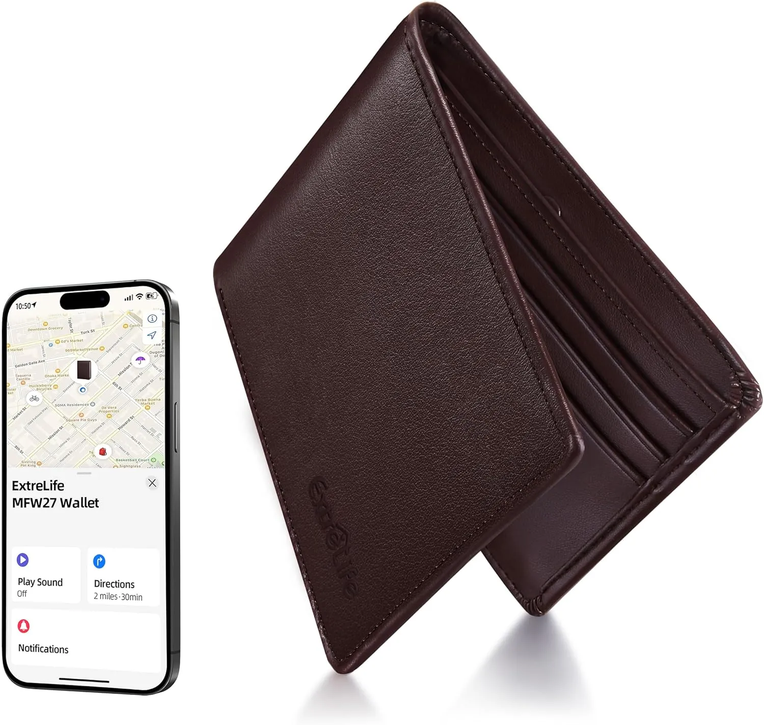 Wallet for Men, Built-in Bluetooth Tracker with Apple Find My (iOS Only), Air Tag Wallet, Leather RFID Blocking Bifold Mens Wallet with GPS Tracker, Rechargeable Wallet Finder, Gift for Him, Brown